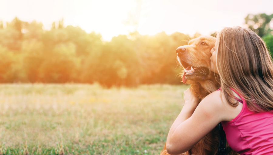 Жінка сидить зі своїм собакою на вулиці в полі і цілує його морду