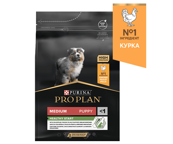 PURINA® PRO PLAN®. Сухий повнораціонний корм для цуценят середніх порід, з куркою. Також підходить для вагітних та лактуючих 