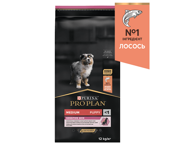 PURINA® PRO PLAN®. Сухий повнораціонний корм для цуцент середніх порід з чутливою шкірою, з лососем. 
