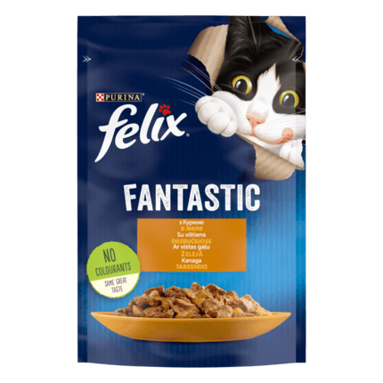 FELIX® FANTASTIC. З куркою. Шматочки у желе. Консервований порційний повнораціонний корм для дорослих котів.