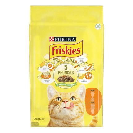 Friskies®. З куркою та овочами. Сухий повнораціонний корм для дорослих активних котів.