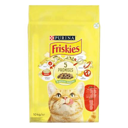 Friskies®. З яловичиною, куркою та овочами. Сухий повнораціонний корм для дорослих активних котів.