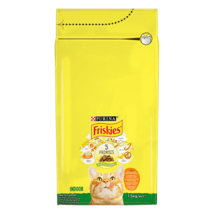 Friskies® Indoor (Індор). З куркою та овочами. Сухий повнораціонний корм для дорослих котів, що живуть вдома.