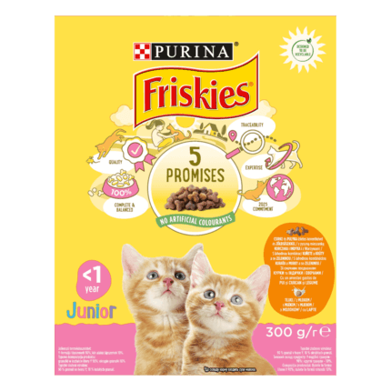 Friskies® Junior (Джуніор). З куркою, індичкою, молоком та овочами. Сухий повнораціонний корм для кошенят.
