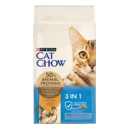 CAT CHOW® Сухий повнораціонний корм для дорослих котів з формулою потрійної дії, з індичкою.