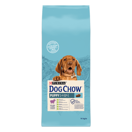 Dog Chow® сухий повнораціонний корм для цуценят віком до 1 року. Також підходить для вагітних та лактуючих собак, з ягням.