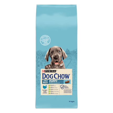 Dog Chow® сухий повнораціонний корм для цуценят великих порід віком до 2 років. Також підходить для вагітних та лактуючих соб