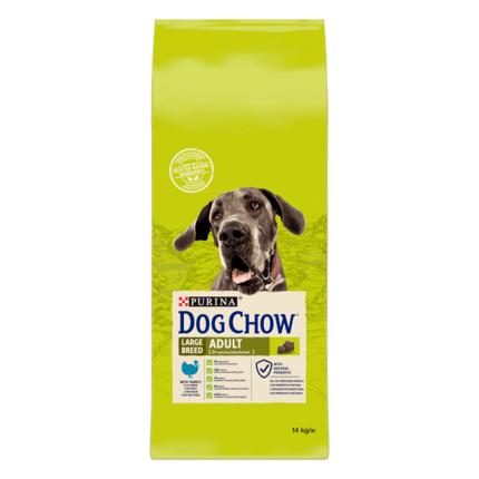 Dog Chow® сухий повнораціонний корм для дорослих собак великих порід віком від 2 до 9 років, з індичкою.