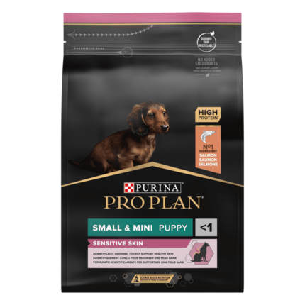 PRO PLAN®. Сухий повнораціонний корм для цуценят малих порід із чутливою шкірою. З лососем.