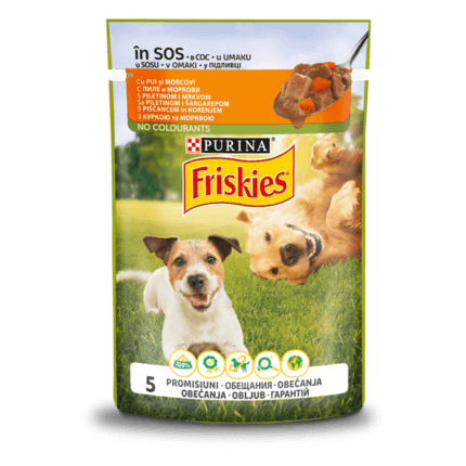 Friskies®. З куркою та морквою. Шматочки у підливці. Консервований порційний повнораціонний корм для дорослих собак.