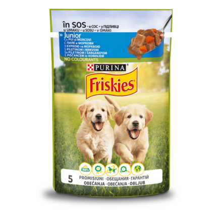 Friskies® Junior (Джуніор). З куркою та морквою. Шматочки у підливці. Консервований порційний повнораціонний корм для цуценят