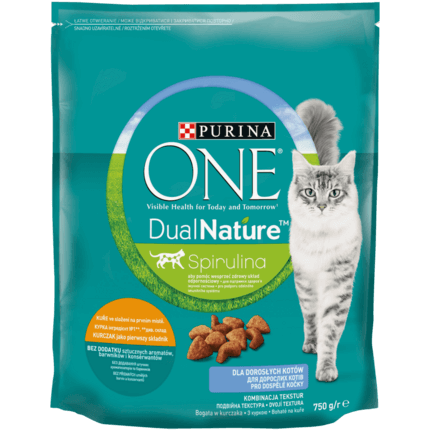 PURINA ONE® DualNature™ зі спіруліною. Сухий повнораціонний корм для дорослих котів з куркою.