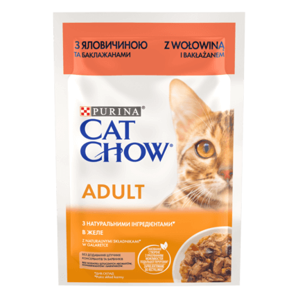 CAT CHOW® Консервований порційний повнораціонний корм для дорослих котів, з яловичиною та баклажанами, ніжні шматочки в желе.