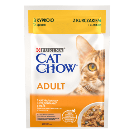 CAT CHOW® Консервований порційний повнораціонний корм для дорослих котів, з куркою та цукіні, ніжні шматочки в желе.