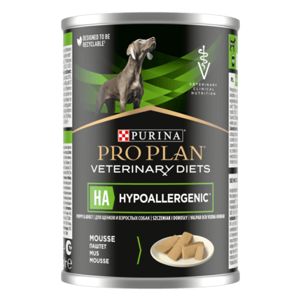 PRO PLAN® HA HYPOALLERGENIC. Ветеринарна дієта для собак для зниження ознак інгредієнтної непереносимості.