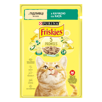 Friskies®. З качкою. Шматочки у підливці. Консервований порційний повнораціонний корм для дорослих котів.