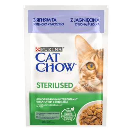 CAT CHOW® Консервований порційний повнораціонний корм для дорослих стерилізованих кішок/ кастрованих котів, з ягням та зелено