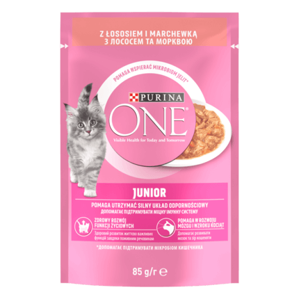 PURINA ONE® Junior (Джуніор). Шматочки в соусі. Консервований порційний повнораціонний корм для кошенят з лососем та морквою.
