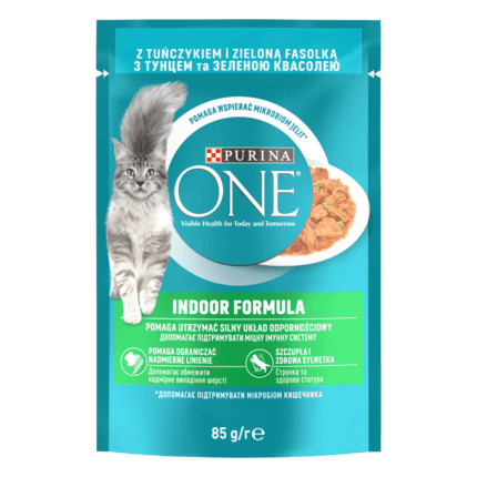 PURINA ONE® Indoor (Індор). Шматочки в соусі. Консервований порційний повнораціонний корм для дорослих котів, що постійно пер