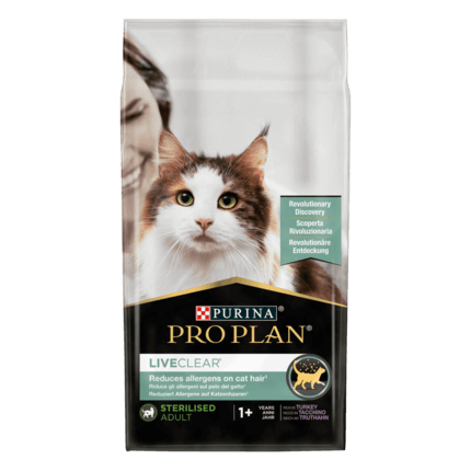 PRO PLAN® LIVECLEAR®. Знижує рівень алергенів на шерсті котів. Сухий повнораціонний корм для дорослих стерилізованих котів, з