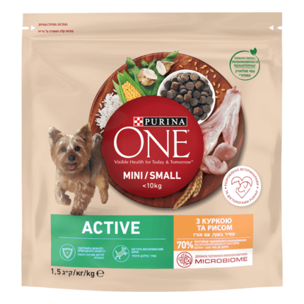 PURINA ONE® MINI/SMALL (МІНІ/СМОЛЛ) <10 кг/kg ACTIVE (АКТИВ). З куркою та рисом. Сухий повнораціонний корм для активних дорос
