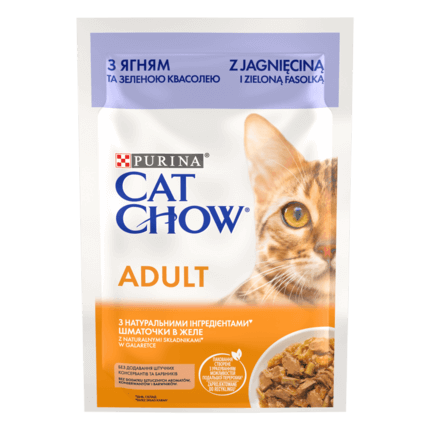 CAT CHOW® Консервований порційний повнораціонний корм для дорослих котів, з ягням та зеленою квасолею, ніжні шматочки в желе.
