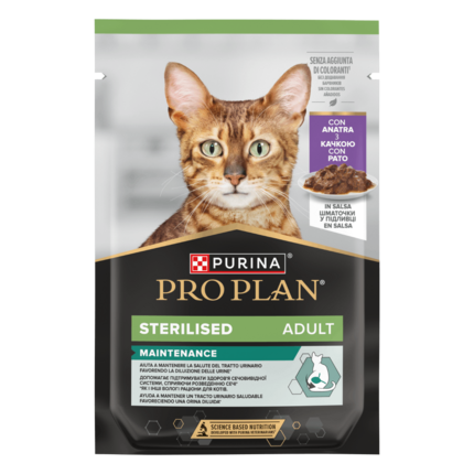 PRO PLAN®. Консервований порційний повнораціонний корм для дорослих стерилізованих котів, з качкою. Шматочки у підливці