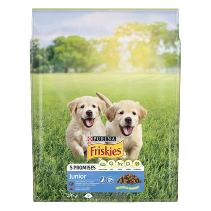 Friskies® Junior (джуніор). З куркою, овочами та молоком*. Сухий повнораціонний корм для цуценят віком від 6 тижнів.