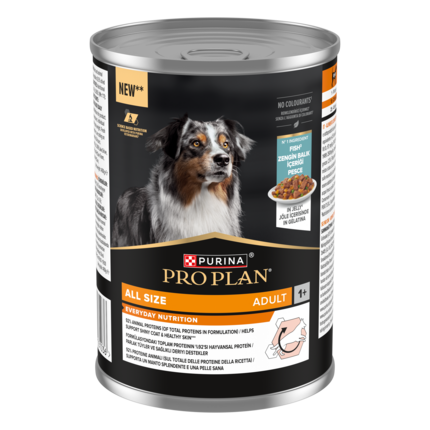 PURINA® PRO PLAN®. Консервований повнораціонний корм для дорослих собак будь-якого розміру, з рибою. Шматочки у желе.