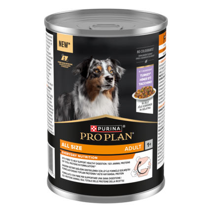 PURINA® PRO PLAN®. Консервований повнораціонний корм для дорослих собак будь-якого розміру, з індичкою. Шматочки у желе.