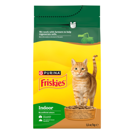 Friskies® Indoor (Індор). З куркою, індичкою та овочами. Сухий повнораціонний корм для дорослих котів, що живуть вдома.