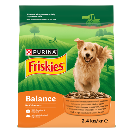 Friskies® Balance (Баланс). З Куркою, Яловичиною та Овочами. Сухий повнораціонний корм для дорослих собак.