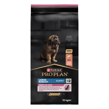 PURINA® PRO PLAN®. Сухий повнораціонний корм для цуценят великих порід масивної статури з чутливою шкірою. З лососем. Перед