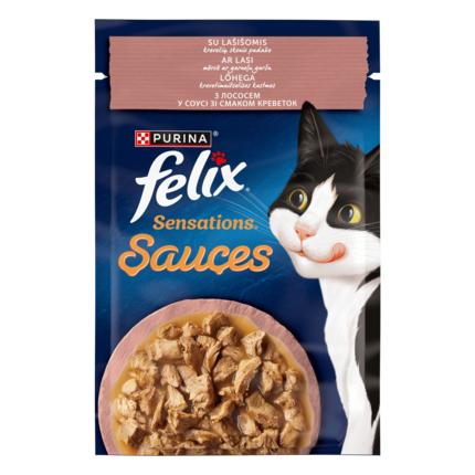 Пауч FELIX® SENSATIONS® SAUCES (Соуси). З лососем в соусі зі смаком креветок. Шматочки у соусі.