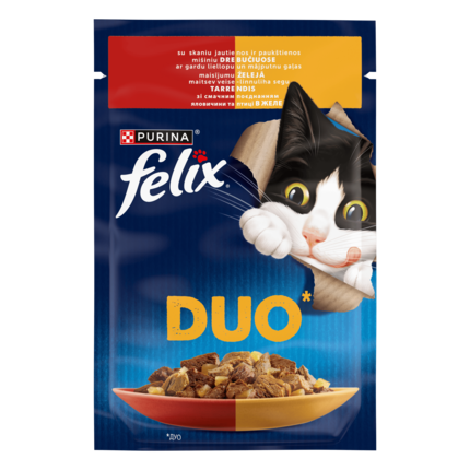 Пауч FELIX® DUO (Дуо). З яловичиною та птицею. Шматочки в желе.