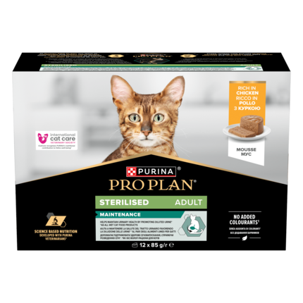 PURINA® PRO PLAN®. Консервований повнораціонний корм для дорослих стерилізованих котів, мус з куркою. пакування