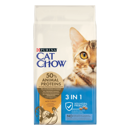 CAT CHOW® Сухий повнораціонний корм для дорослих котів з формулою потрійної дії, з індичкою.