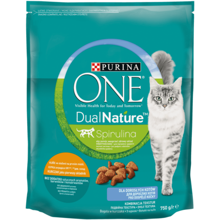 PURINA ONE® DualNature™ зі спіруліною. Сухий повнораціонний корм для дорослих котів з куркою.