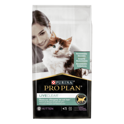 PRO PLAN® LIVECLEAR®. Знижує рівень алергенів на шерсті котів. Сухий повнораціонний корм для кошенят, з індичкою.