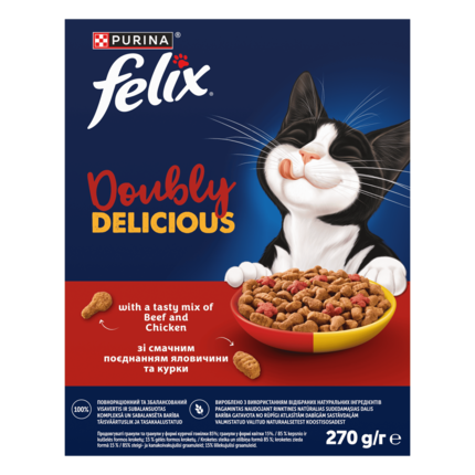 Felix® Doubly Delicious (Даблі Делішес). З яловичиною, куркою та буряком. Сухий повнораціонний корм для дорослих котів 270