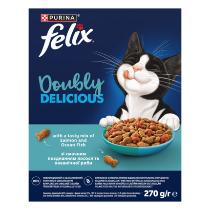 Felix® Doubly Delicious (Даблі Делішес). З лососем, океанічною рибою та буряком. Сухий корм для дорослих котів 270 гр