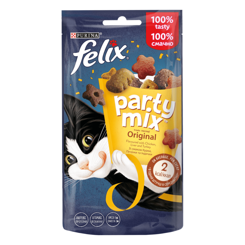 FELIX® PARTY MIX® Оріджинал Мікс. Додатковий сухий корм (ласощі) для дорослих котів зі смаком курки, печінки та індички.