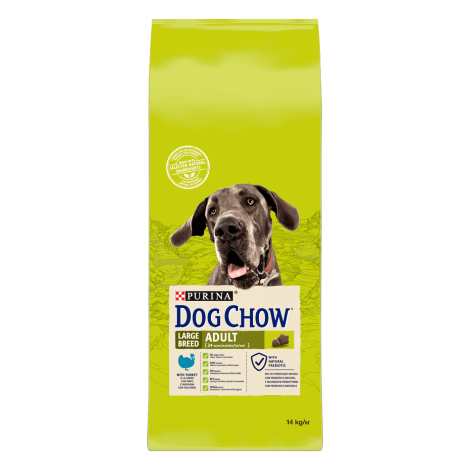 Dog Chow® сухий повнораціонний корм для дорослих собак великих порід віком від 2 до 9 років, з індичкою.