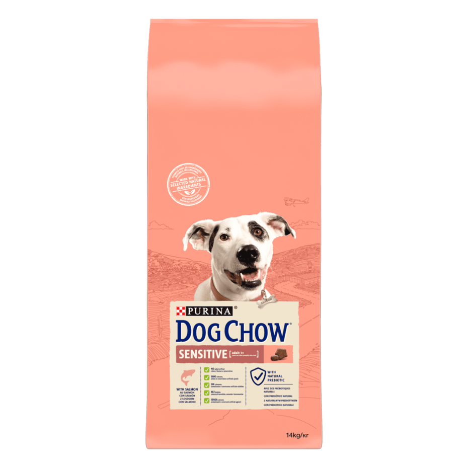DOG CHOW® сухий повнораціонний корм для дорослих собак схильних до алергії, з лососем.
