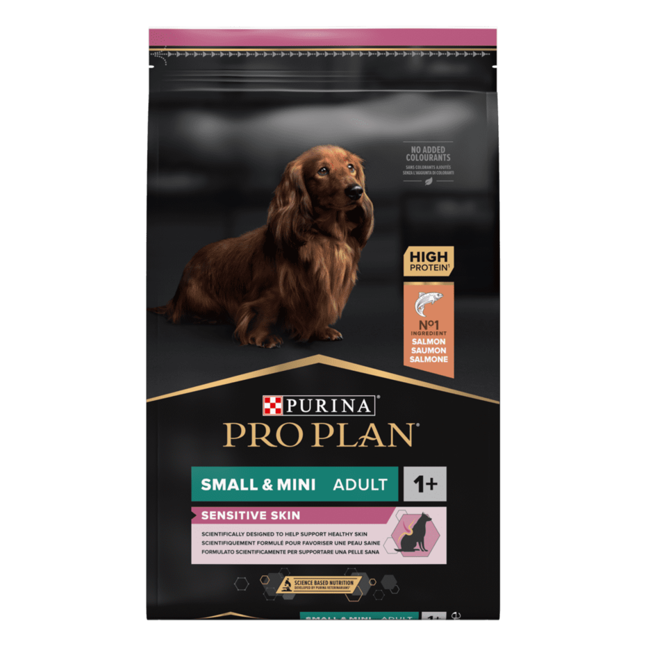 PRO PLAN®. Сухий повнораціонний корм для дорослих собак дрібних порід із чутливою шкірою. З лососем.