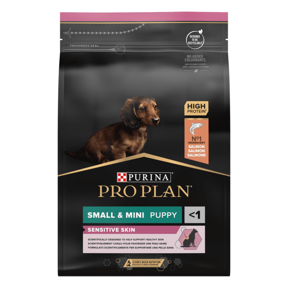 PRO PLAN®. Сухий повнораціонний корм для цуценят малих порід із чутливою шкірою. З лососем.