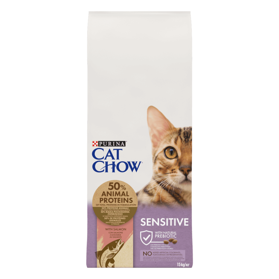 CAT CHOW® Сухий повнораціонний корм для дорослих котів із чутливою шкірою та травленням, з лососем.