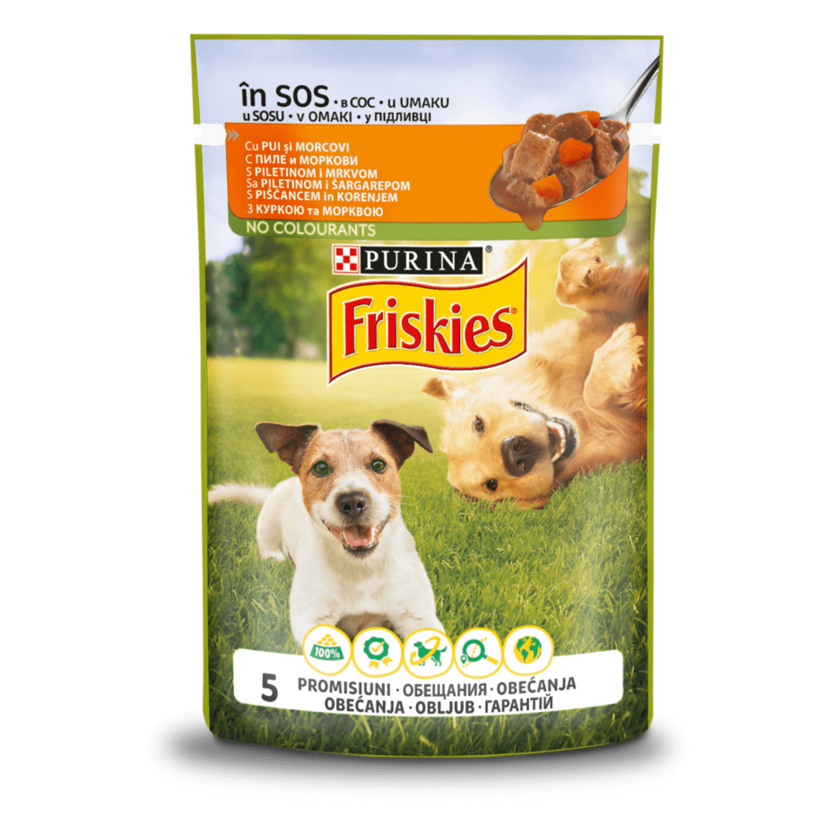 Friskies®. З куркою та морквою. Шматочки у підливці. Консервований порційний повнораціонний корм для дорослих собак.