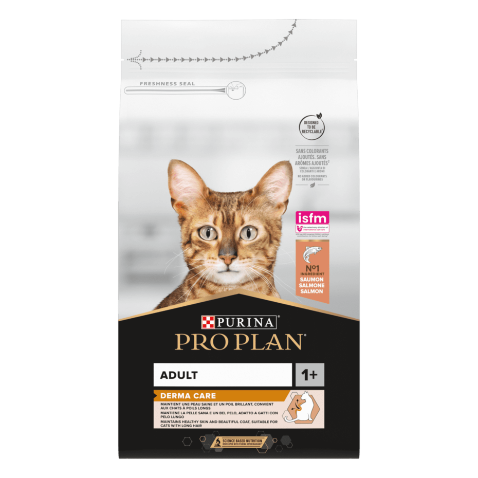 PRO PLAN® DERMA CARE (Дерма Кеар). Сухий повнораціонний корм для дорослих котів для підтримки здоров'я шкіри та краси шерсті,
