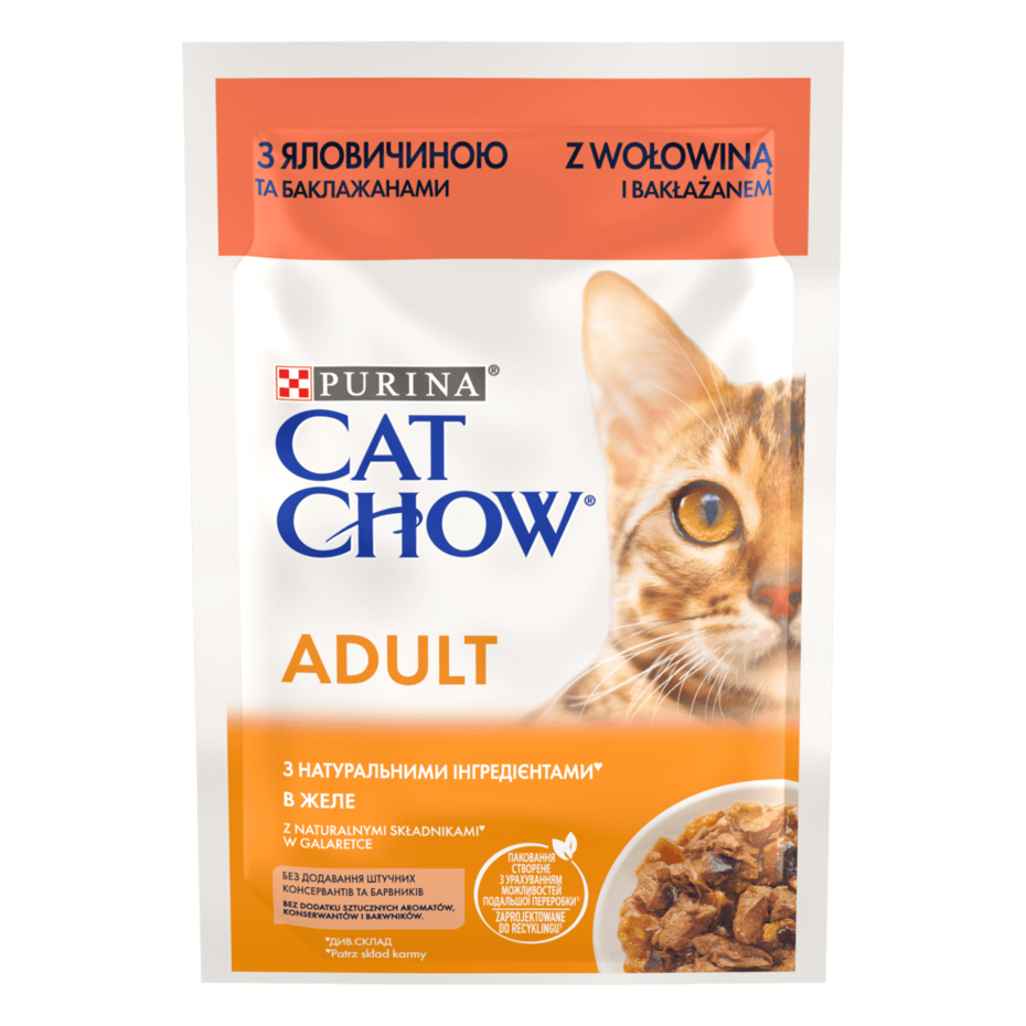 CAT CHOW® Консервований порційний повнораціонний корм для дорослих котів, з яловичиною та баклажанами, ніжні шматочки в желе.